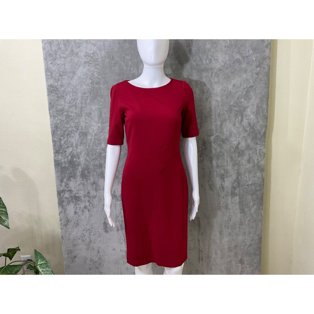 Lafayette 148 NY Midi ponte knit sheath dress Women's 2 Red 1/2 slv. Capsule